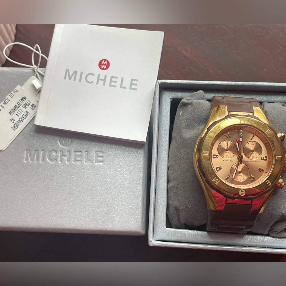 MICHELE Tahitian Jelly Bean Watch Brown Gold GUC w/ Box Paper!🤎🤍